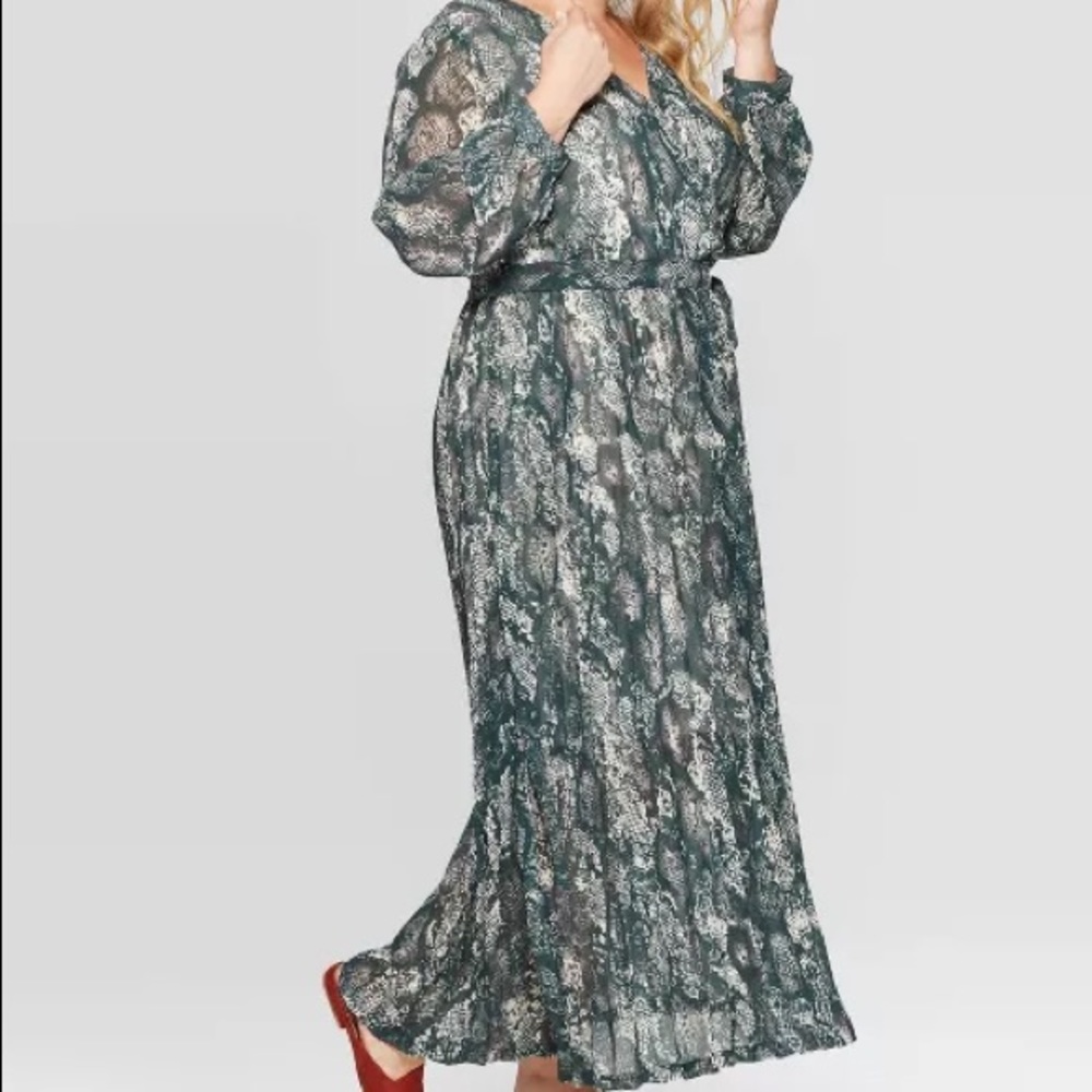Long Sleeve V-Neck Pleated Wrap Maxi Dress